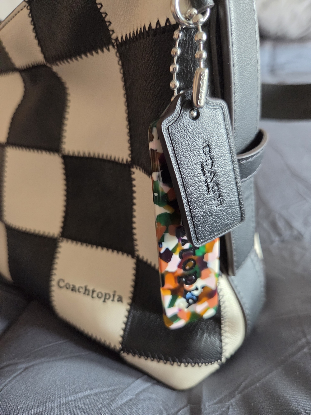 COACH Black and White Checkered Leather Shoulder Bag with Multi-Color Tag